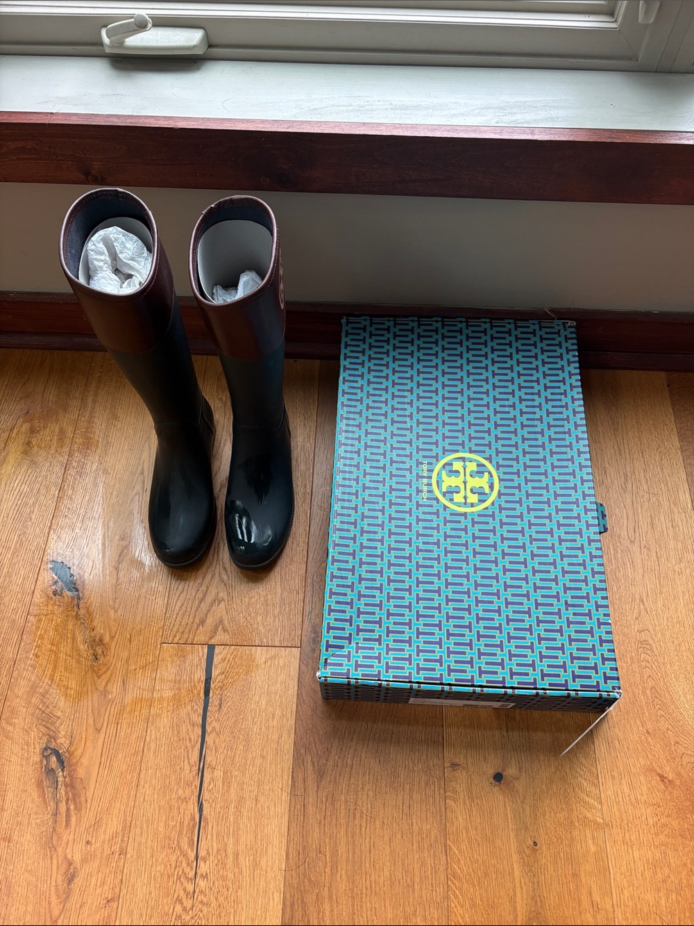 Tory Burch Black and Brown Glossy Tall Rain Boots